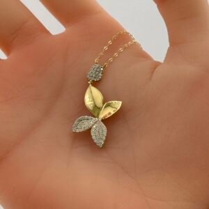 تعليقة ذهب عيار 18 بتصميم ورقة نباتية مرصعة مزدوجة من جولدانا